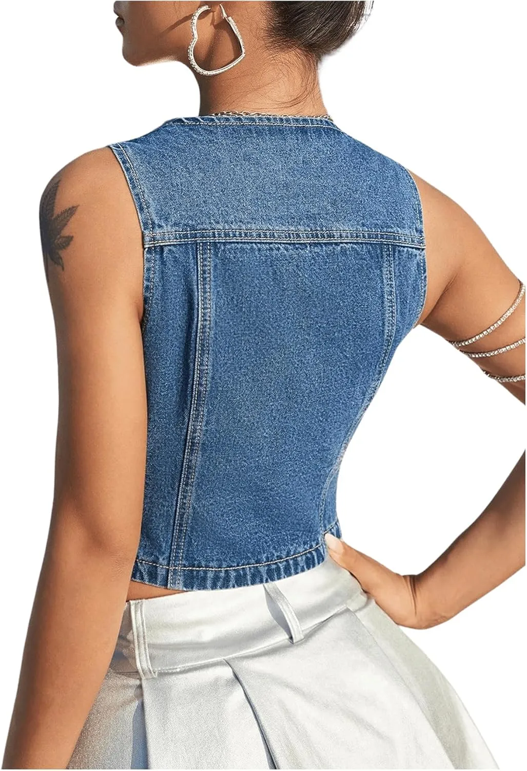 GORGLITTER Women's Y2K Denim Vest Sleeveless V Neck Denim Top Button Down Vest Jacket