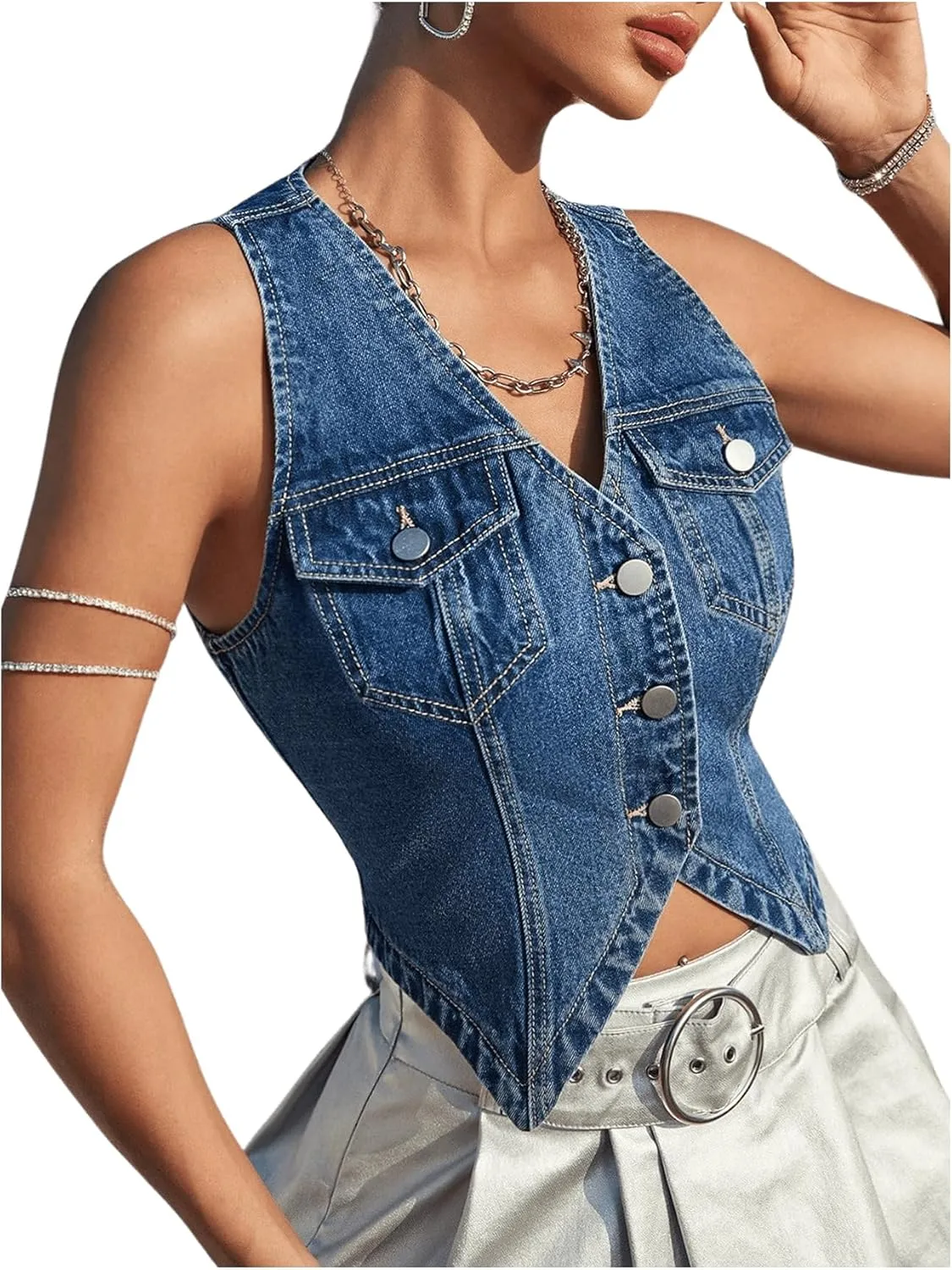 GORGLITTER Women's Y2K Denim Vest Sleeveless V Neck Denim Top Button Down Vest Jacket