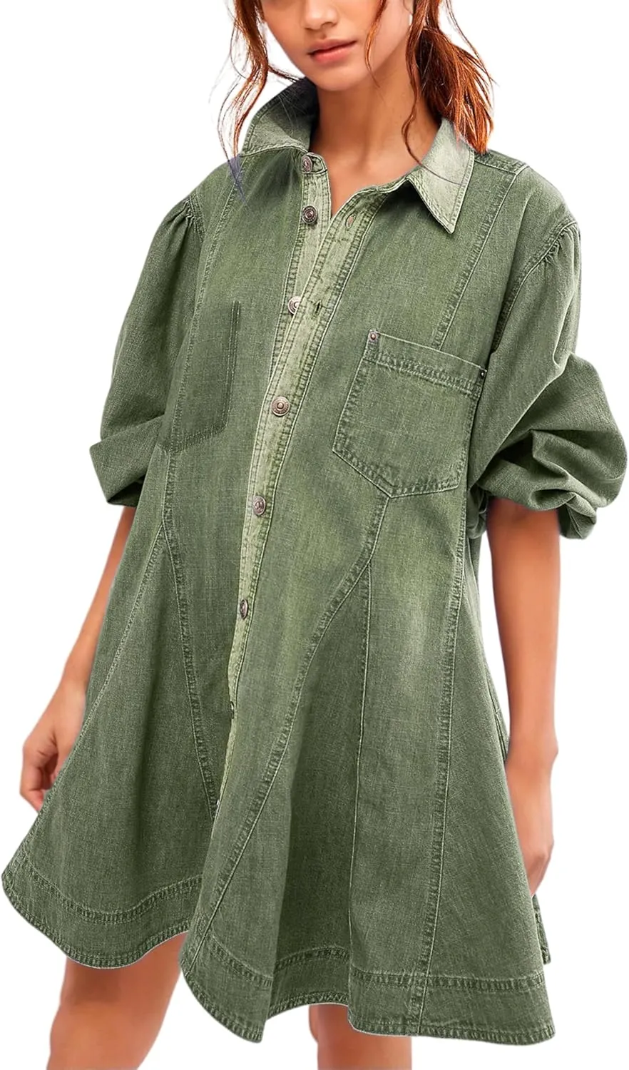 Gozoloma Women's Denim Dress Long Balloon Sleeves Button Down A Line Swing Ruffle Jean Mini Babydoll Dress with Chest Pocket