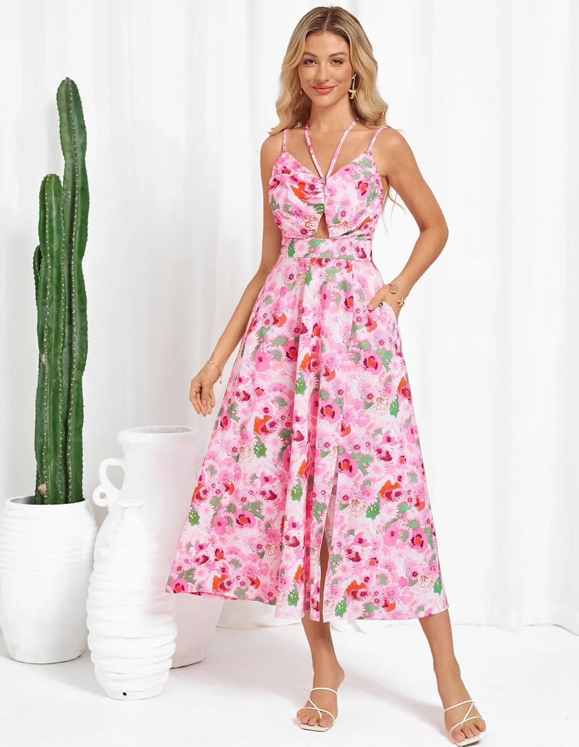 GRACE KARIN Womens 2025 Summer Beach Dress Boho Floral Dresses Spaghetti Strap V Neck Flowy Maxi Long Sundress with Pockets