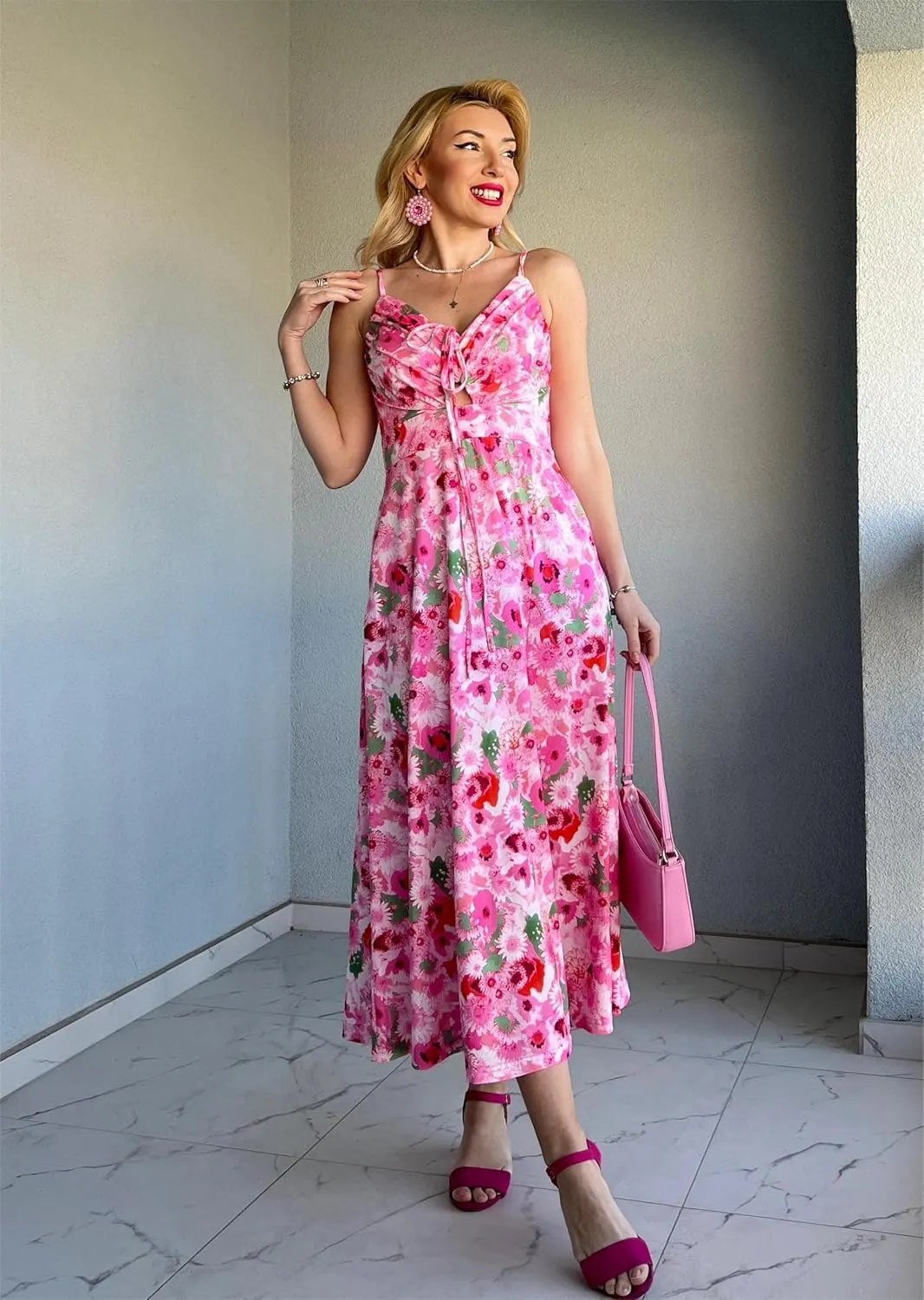 GRACE KARIN Womens 2025 Summer Beach Dress Boho Floral Dresses Spaghetti Strap V Neck Flowy Maxi Long Sundress with Pockets