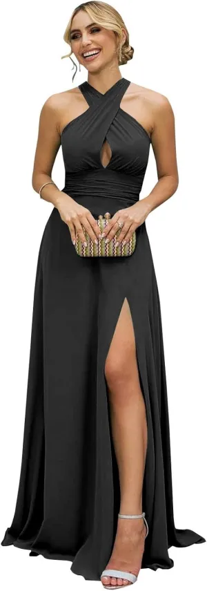 Halter Chiffon Long Bridesmaid Dresses with Slit A Line Formal Dress Evening Party Gowns
