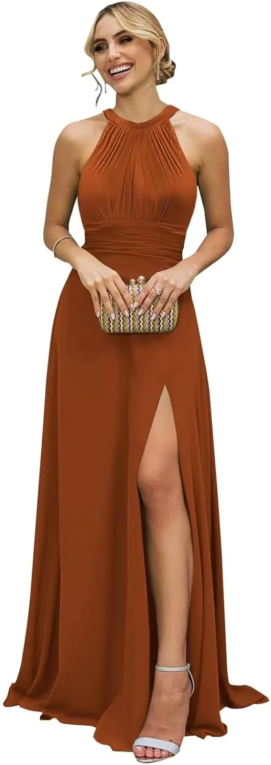Halter Chiffon Long Bridesmaid Dresses with Slit A Line Formal Evening Party Gowns