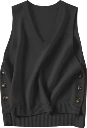 HangNiFang Womens Sweater Vest Sleeveless V Neck Trendy Side Button Down Knit Vest Outfits