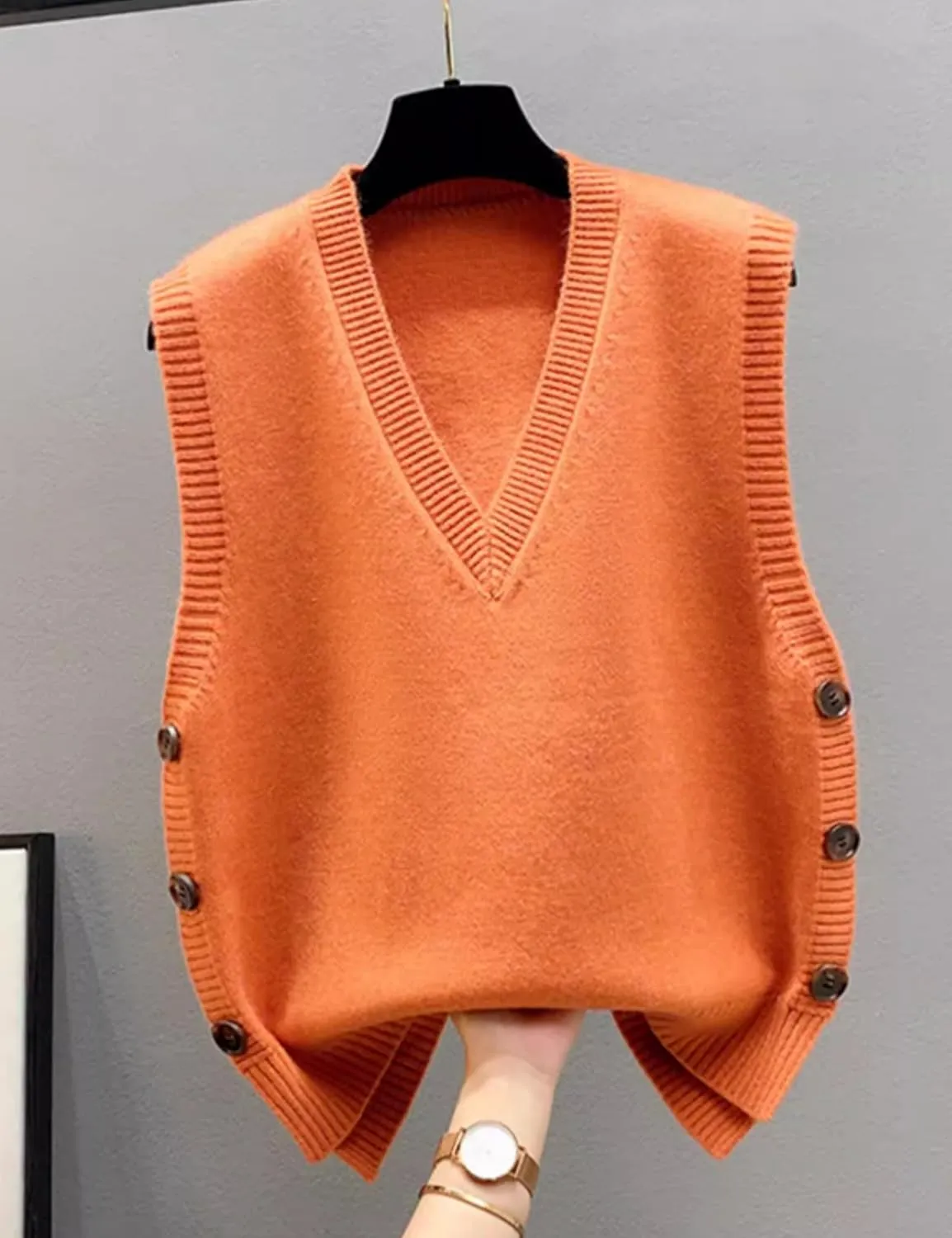 HangNiFang Womens Sweater Vest Sleeveless V Neck Trendy Side Button Down Knit Vest Outfits