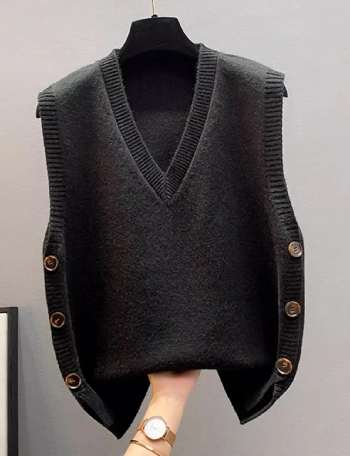 HangNiFang Womens Sweater Vest Sleeveless V Neck Trendy Side Button Down Knit Vest Outfits