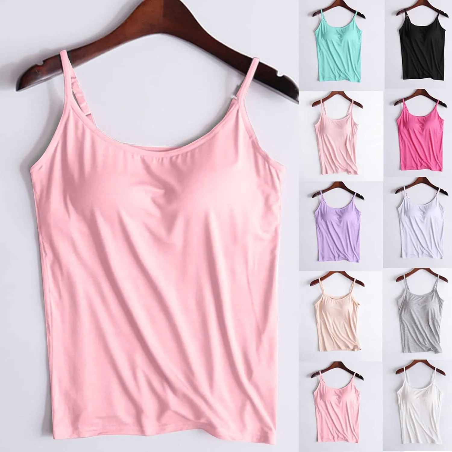 HGps8w Plus Size Womens Shelf Bra Camisoles Adjustable Spaghetti Strap Tank Tops Scoop Neck Layer Cami Tops (S-6XL)