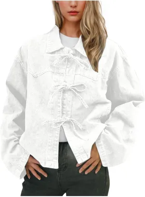 HGps8w Women's Laceup Bow Tie Front Denim Jacket - Loose Long Sleeve Lapel Casual Fall Winter Cute Outerwear Coat
