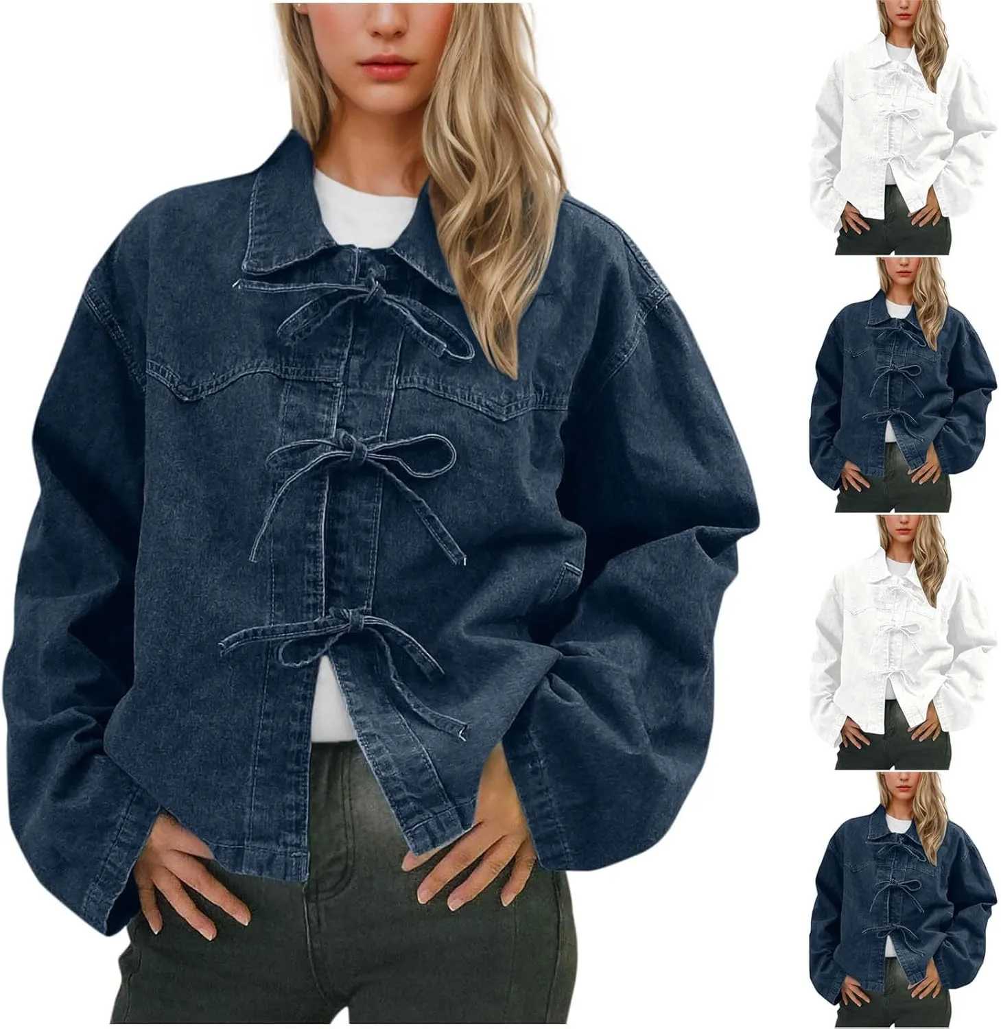 HGps8w Women's Laceup Bow Tie Front Denim Jacket - Loose Long Sleeve Lapel Casual Fall Winter Cute Outerwear Coat