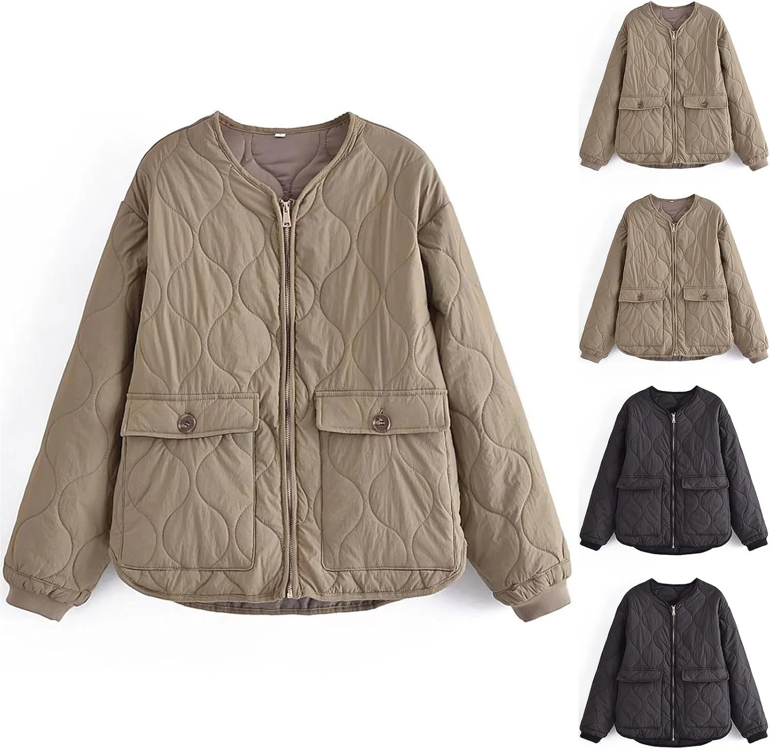 HGps8w Women's Lightweight Quilted Puffer Jacket, Zip Up Long Sleeve Padded Down Warm Winter Coats Outerwear