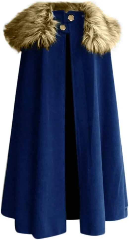 hhaappyy Cloak Coat for Men Winter Warm Gothic Wool Faux Fur Collar Long Cape Cloak Vintage Game of Thrones Fleece Jacket, Blue, X-Large