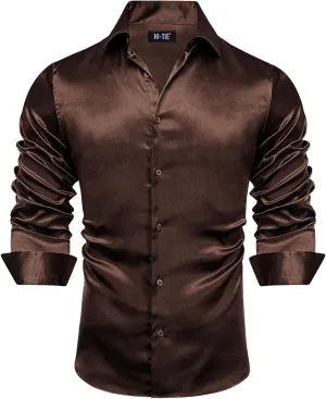 Hi-Tie Mens Long Sleeve Dress Shirt Satin Button Down Casual Prom Wedding Regular Fit Button Up Shirt
