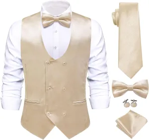 Hi-Tie Mens Silk Double-Breasted Suit Vest Tie Pretied Bowtie and Pocket Square Cufflinks Slim Fit Wedding or Business Tuxedo