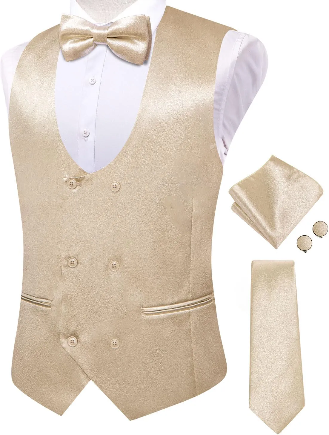 Hi-Tie Mens Silk Double-Breasted Suit Vest Tie Pretied Bowtie and Pocket Square Cufflinks Slim Fit Wedding or Business Tuxedo