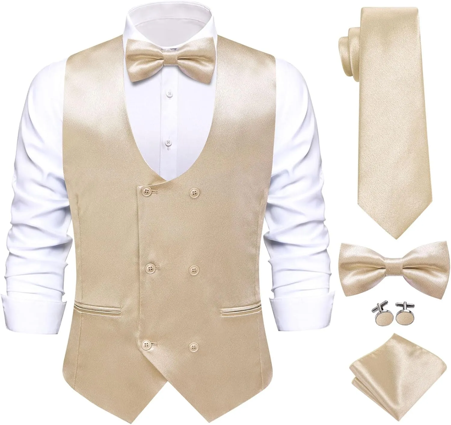 Hi-Tie Mens Silk Double-Breasted Suit Vest Tie Pretied Bowtie and Pocket Square Cufflinks Slim Fit Wedding or Business Tuxedo
