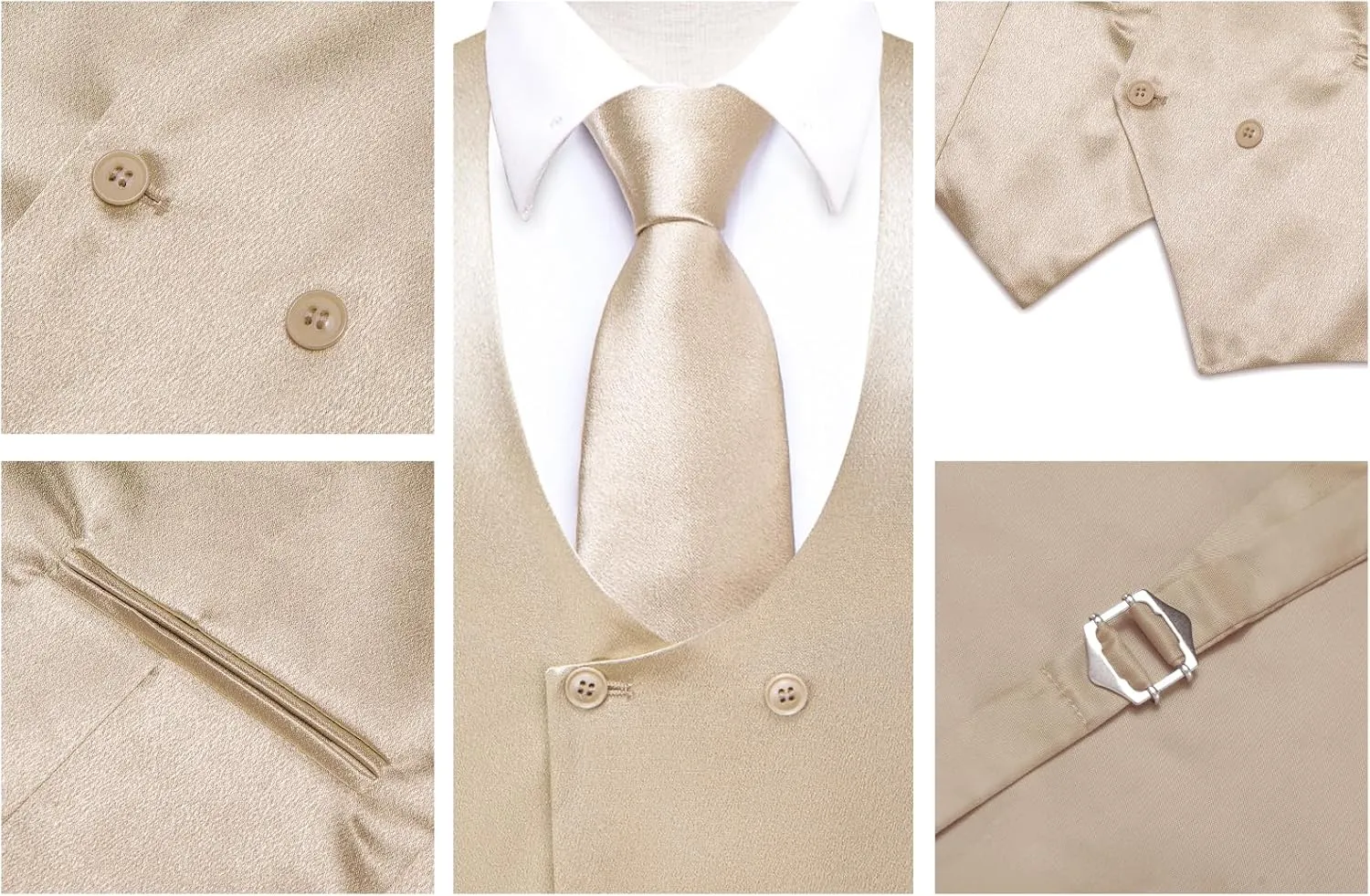 Hi-Tie Mens Silk Double-Breasted Suit Vest Tie Pretied Bowtie and Pocket Square Cufflinks Slim Fit Wedding or Business Tuxedo