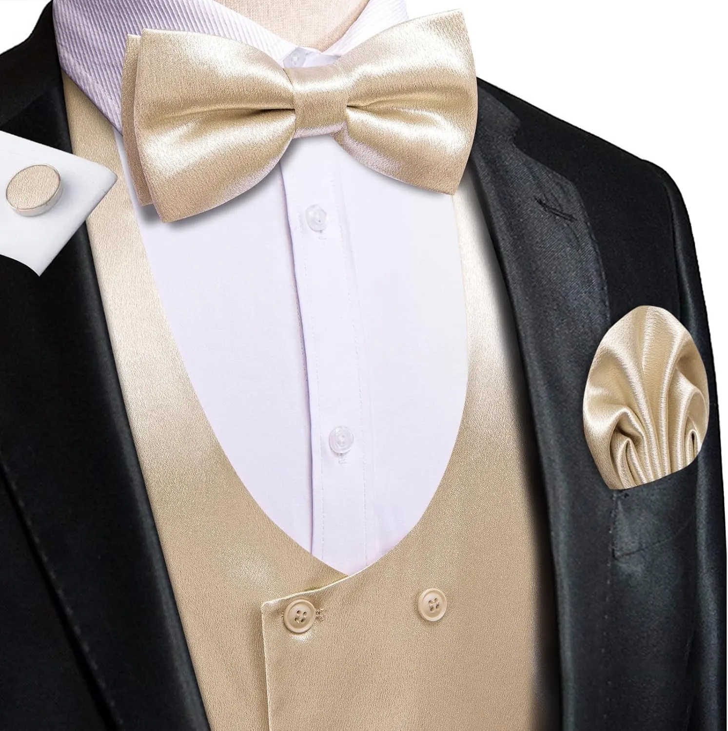 Hi-Tie Mens Silk Double-Breasted Suit Vest Tie Pretied Bowtie and Pocket Square Cufflinks Slim Fit Wedding or Business Tuxedo