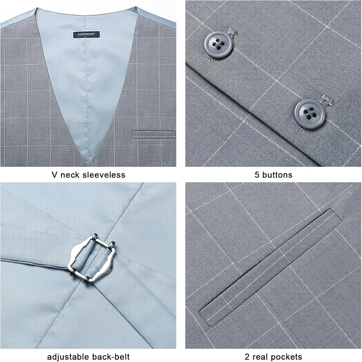 HISDERN Men's Suit Vest Plaid Dress Vest for Men Slim Fit Formal Business Waistcoat Tuxedo V-Ncek Solid Vest for Wedding