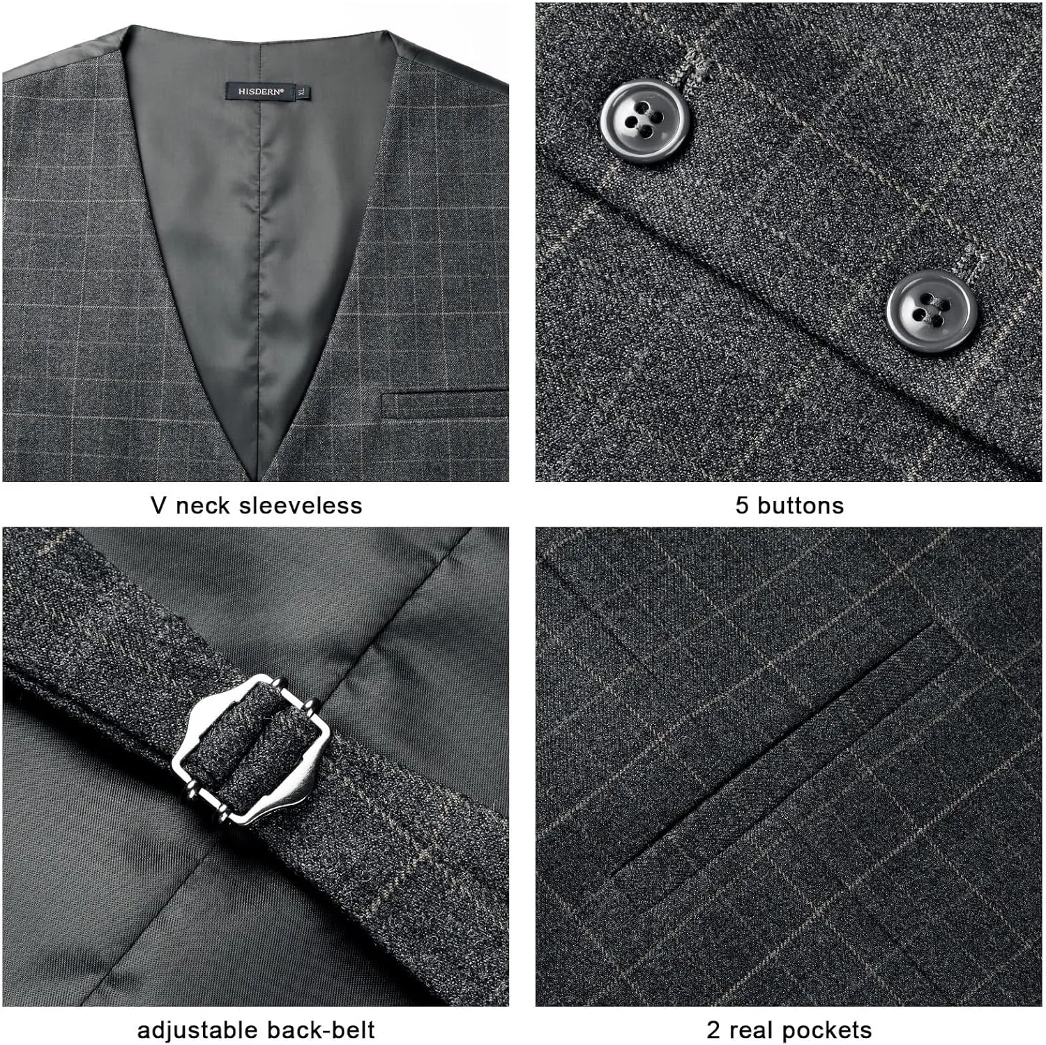 HISDERN Men's Suit Vest Plaid Dress Vest for Men Slim Fit Formal Business Waistcoat Tuxedo V-Ncek Solid Vest for Wedding