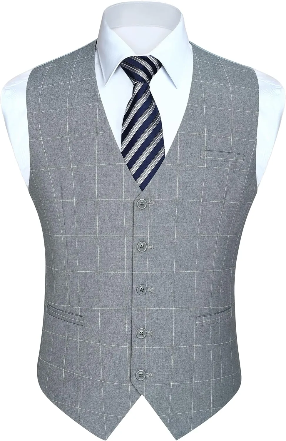 HISDERN Men's Suit Vest Plaid Dress Vest for Men Slim Fit Formal Business Waistcoat Tuxedo V-Ncek Solid Vest for Wedding