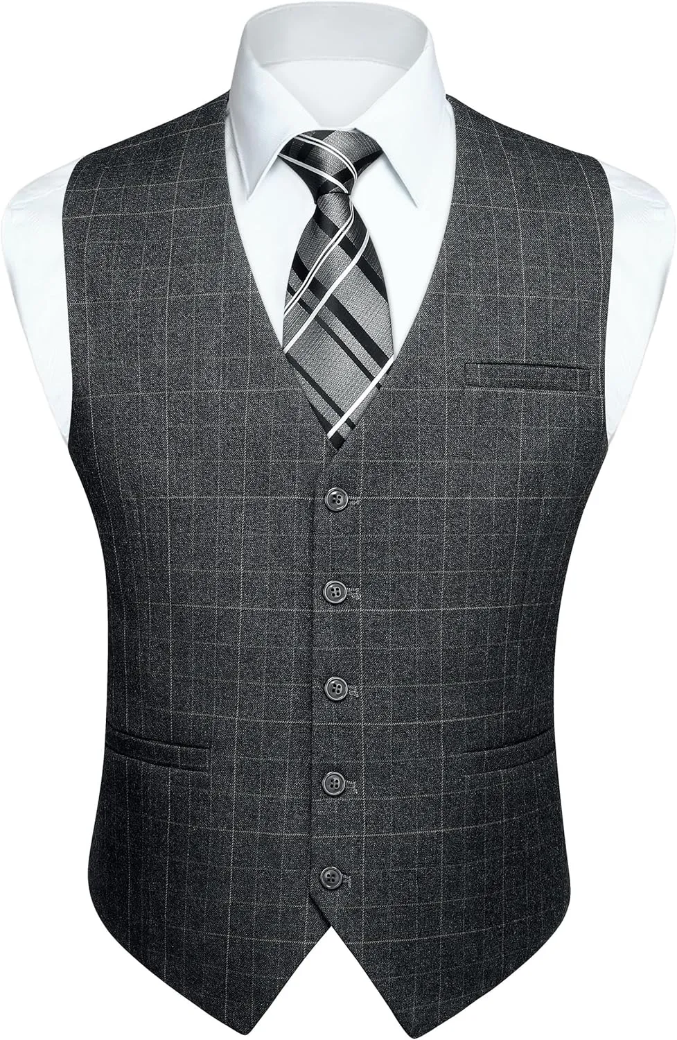 HISDERN Men's Suit Vest Plaid Dress Vest for Men Slim Fit Formal Business Waistcoat Tuxedo V-Ncek Solid Vest for Wedding