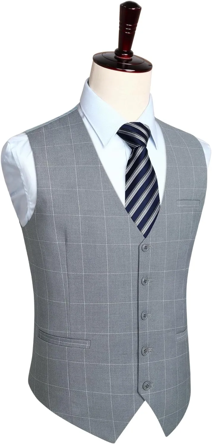 HISDERN Men's Suit Vest Plaid Dress Vest for Men Slim Fit Formal Business Waistcoat Tuxedo V-Ncek Solid Vest for Wedding