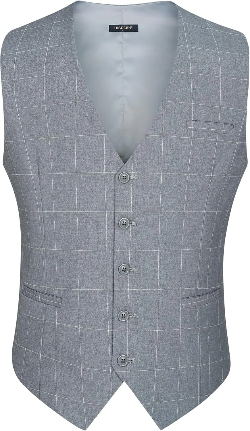 HISDERN Men's Suit Vest Plaid Dress Vest for Men Slim Fit Formal Business Waistcoat Tuxedo V-Ncek Solid Vest for Wedding