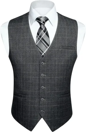 HISDERN Men's Suit Vest Plaid Dress Vest for Men Slim Fit Formal Business Waistcoat Tuxedo V-Ncek Solid Vest for Wedding