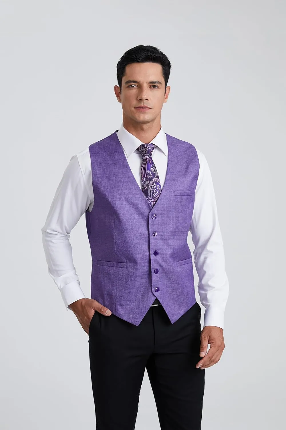 HISDERN Men's Suit Vest Plaid Dress Vest for Men Slim Fit Formal Business Waistcoat Tuxedo V-Ncek Solid Vest for Wedding