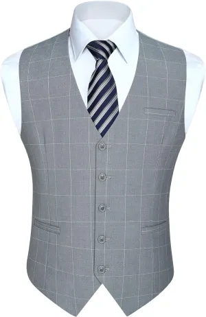 HISDERN Men's Suit Vest Plaid Dress Vest for Men Slim Fit Formal Business Waistcoat Tuxedo V-Ncek Solid Vest for Wedding