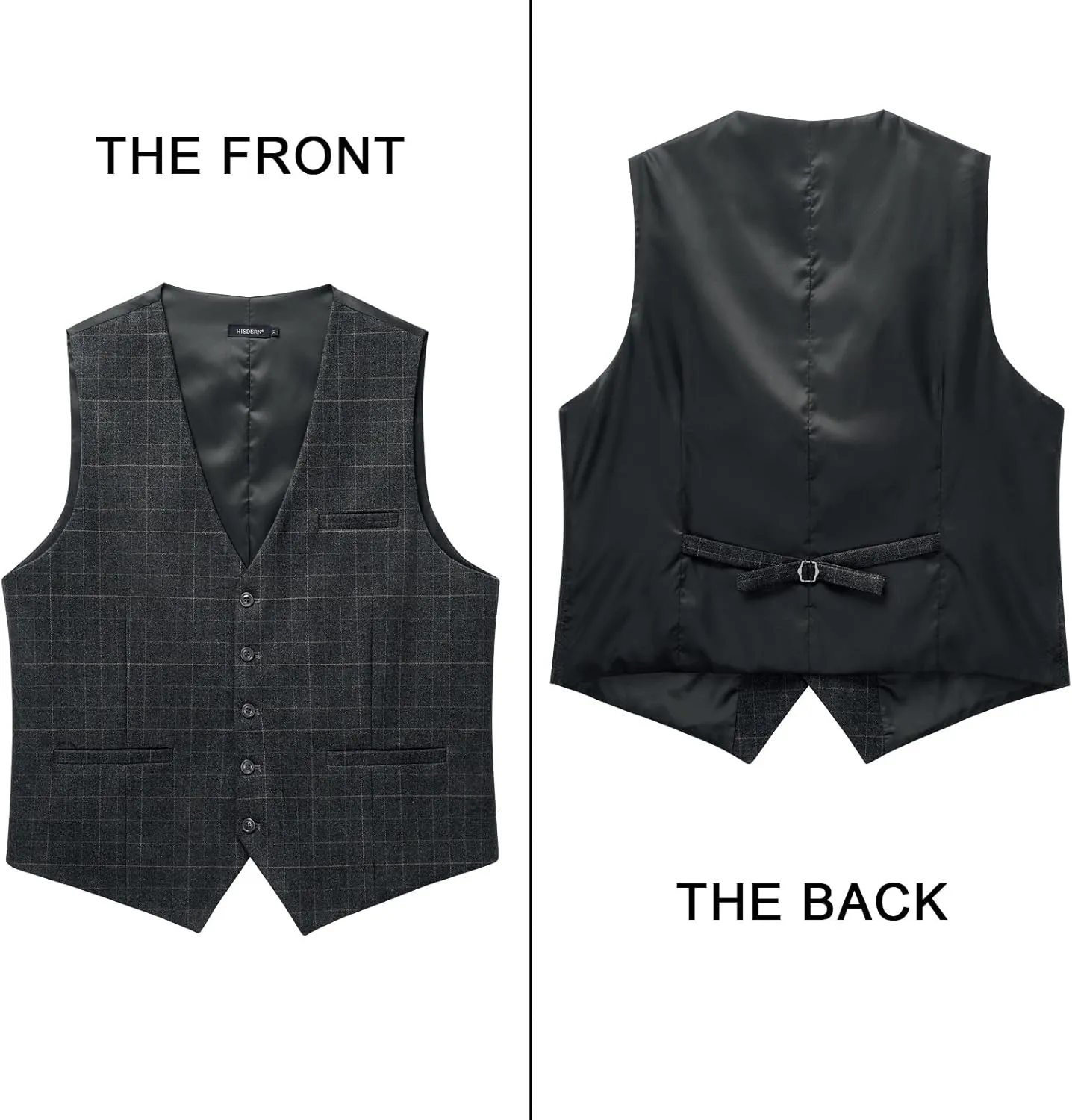 HISDERN Men's Suit Vest Plaid Dress Vest for Men Slim Fit Formal Business Waistcoat Tuxedo V-Ncek Solid Vest for Wedding