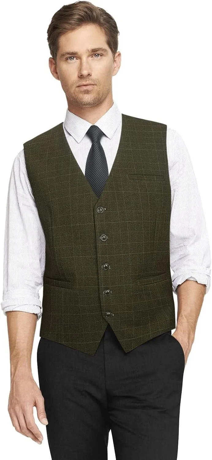 HISDERN Men's Suit Vest Plaid Dress Vest for Men Slim Fit Formal Business Waistcoat Tuxedo V-Ncek Solid Vest for Wedding