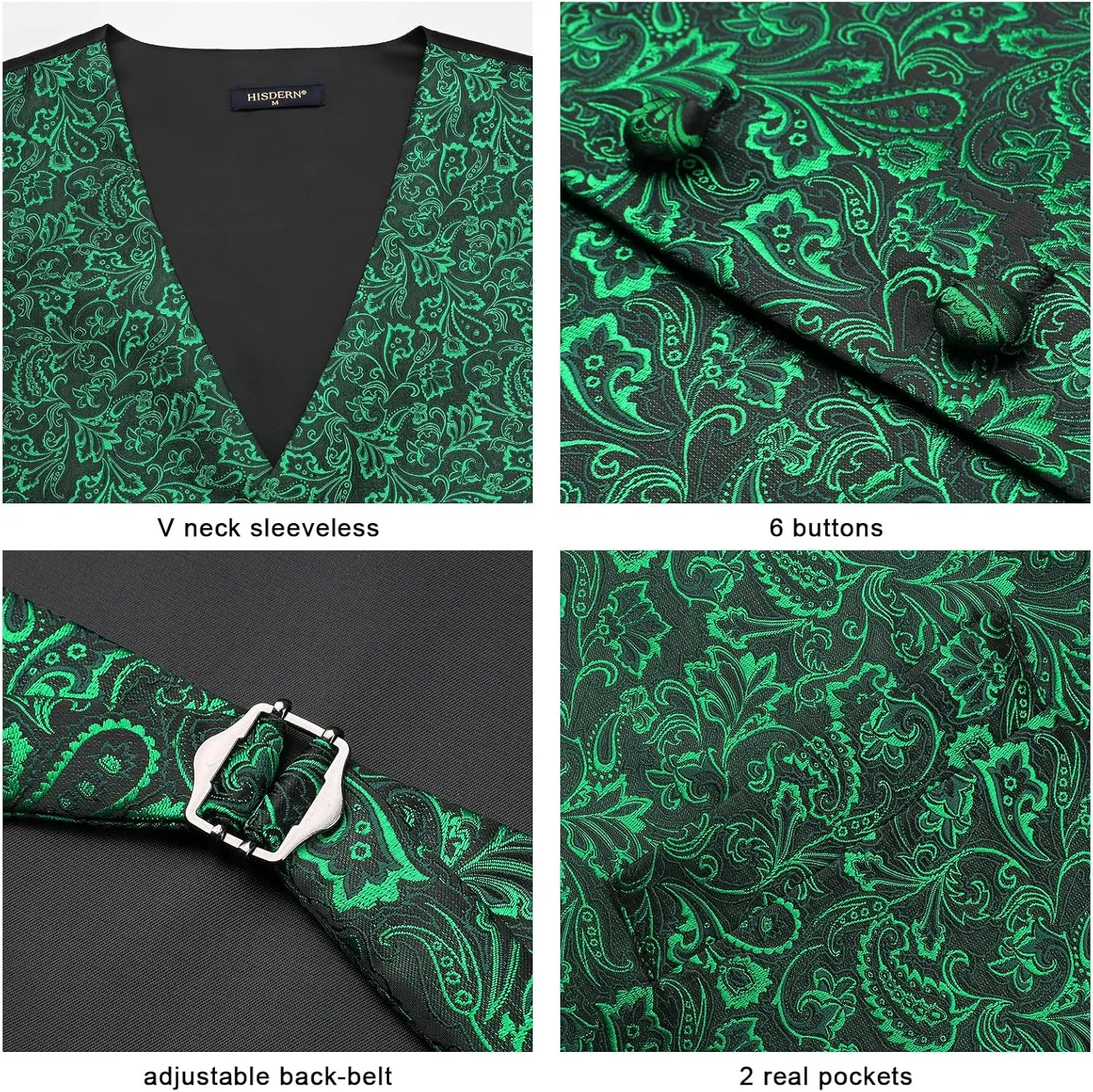 HISDERN Men's Vest Tie Set Paisley Floral Jacquard Necktie Pocket Square 3PCS Waistcoat for Suit or Tuxedo Wedding Party