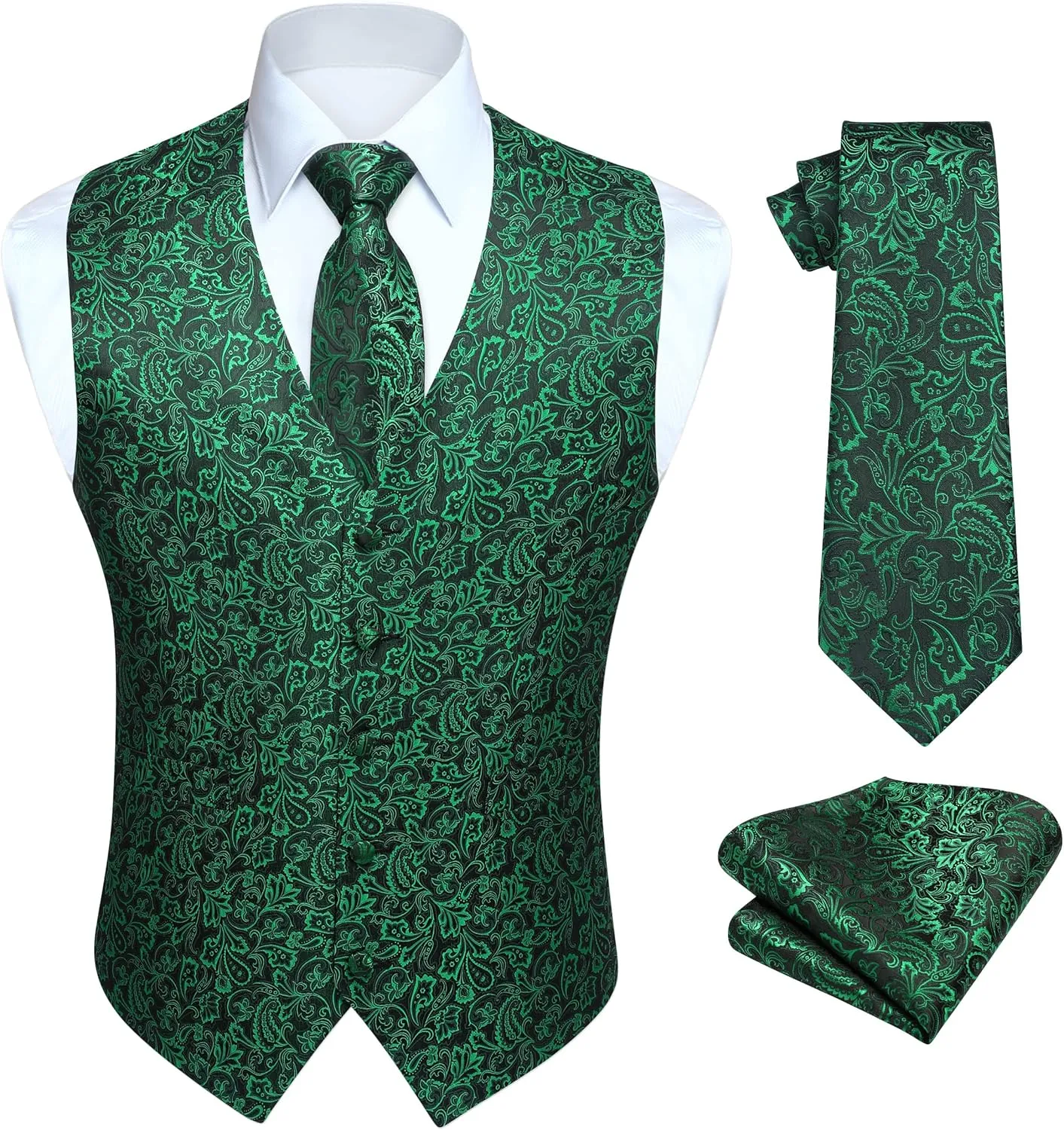 HISDERN Men's Vest Tie Set Paisley Floral Jacquard Necktie Pocket Square 3PCS Waistcoat for Suit or Tuxedo Wedding Party