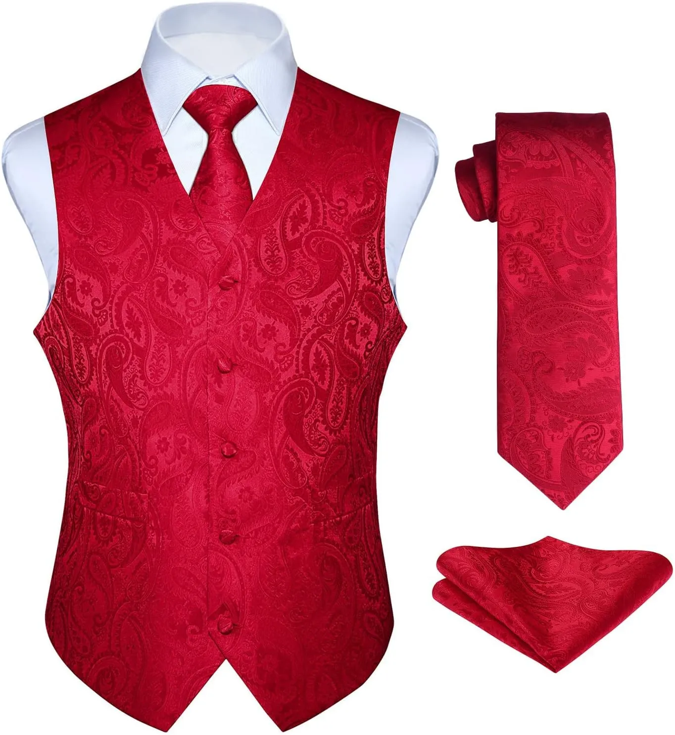 HISDERN Men's Vest Tie Set Paisley Floral Jacquard Necktie Pocket Square 3PCS Waistcoat for Suit or Tuxedo Wedding Party