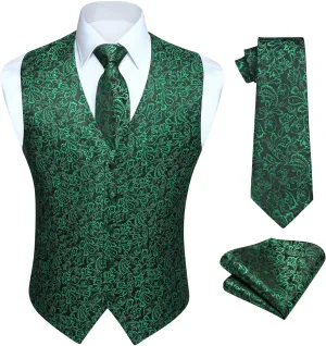HISDERN Men's Vest Tie Set Paisley Floral Jacquard Necktie Pocket Square 3PCS Waistcoat for Suit or Tuxedo Wedding Party