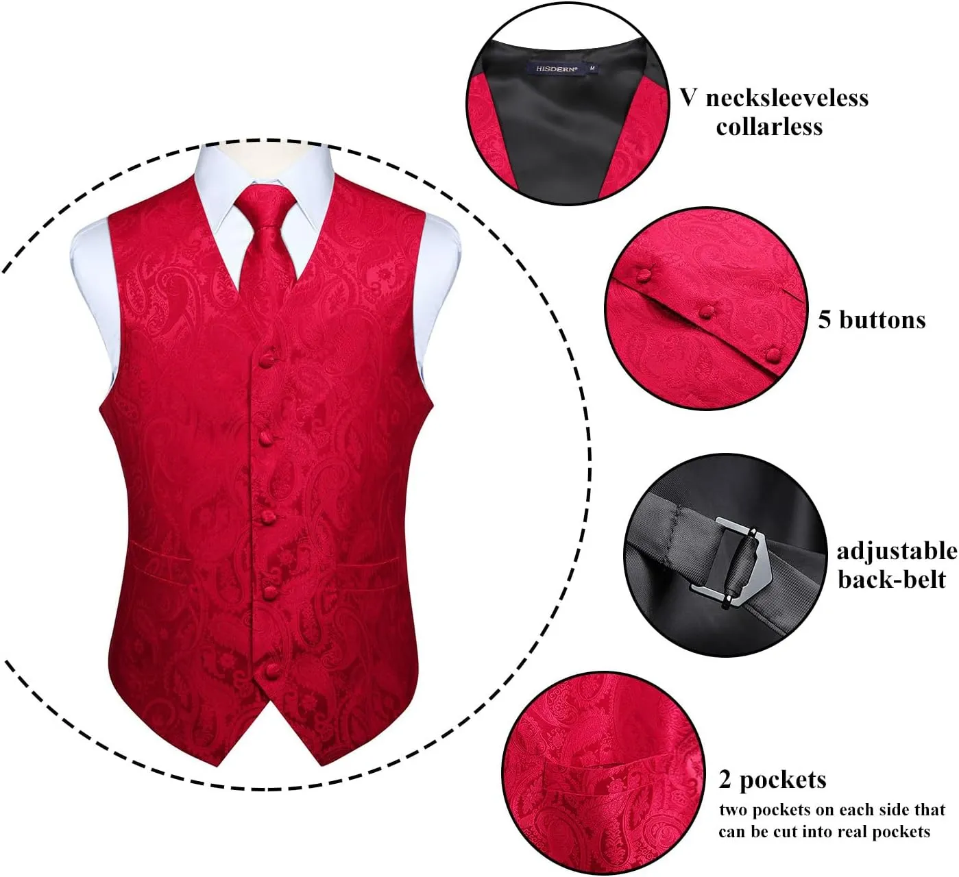 HISDERN Men's Vest Tie Set Paisley Floral Jacquard Necktie Pocket Square 3PCS Waistcoat for Suit or Tuxedo Wedding Party
