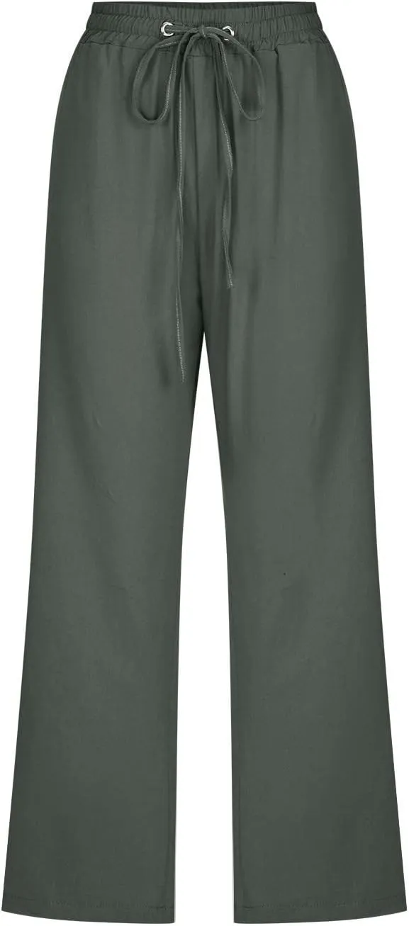 hlysgo Cotton Linen Capri Pants for Women High Waisted Drawstring Casual Capris Summer Loose Comfy Beach Cropped Trouser