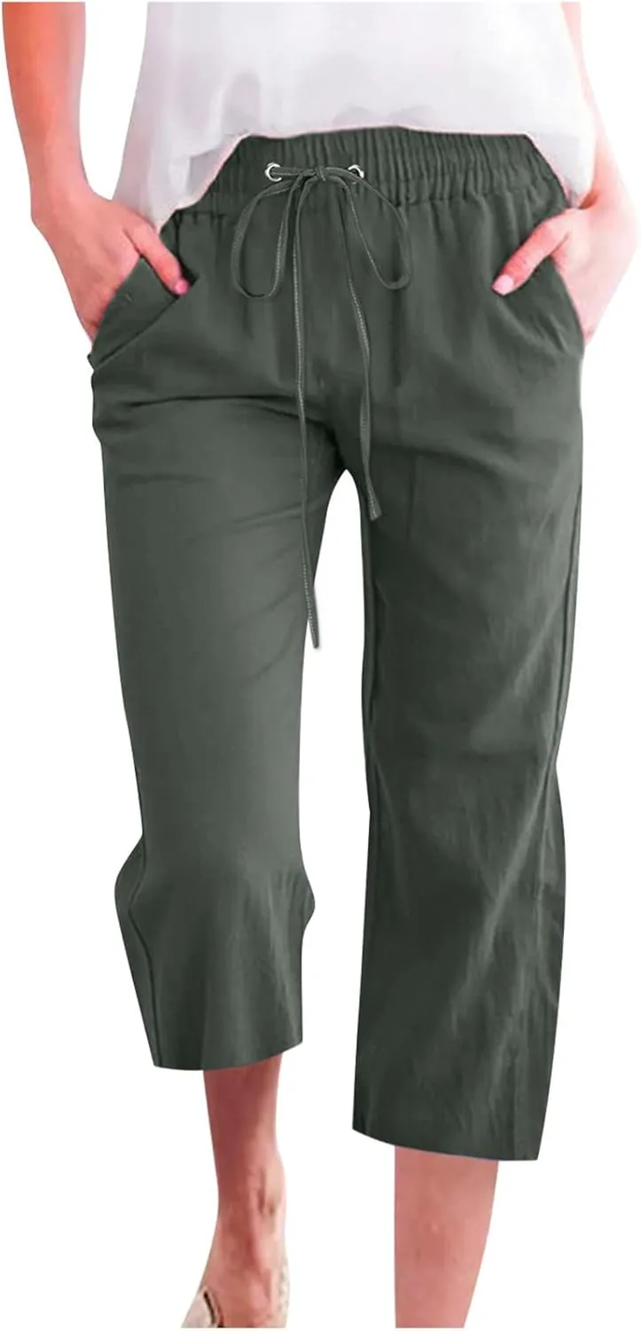 hlysgo Cotton Linen Capri Pants for Women High Waisted Drawstring Casual Capris Summer Loose Comfy Beach Cropped Trouser