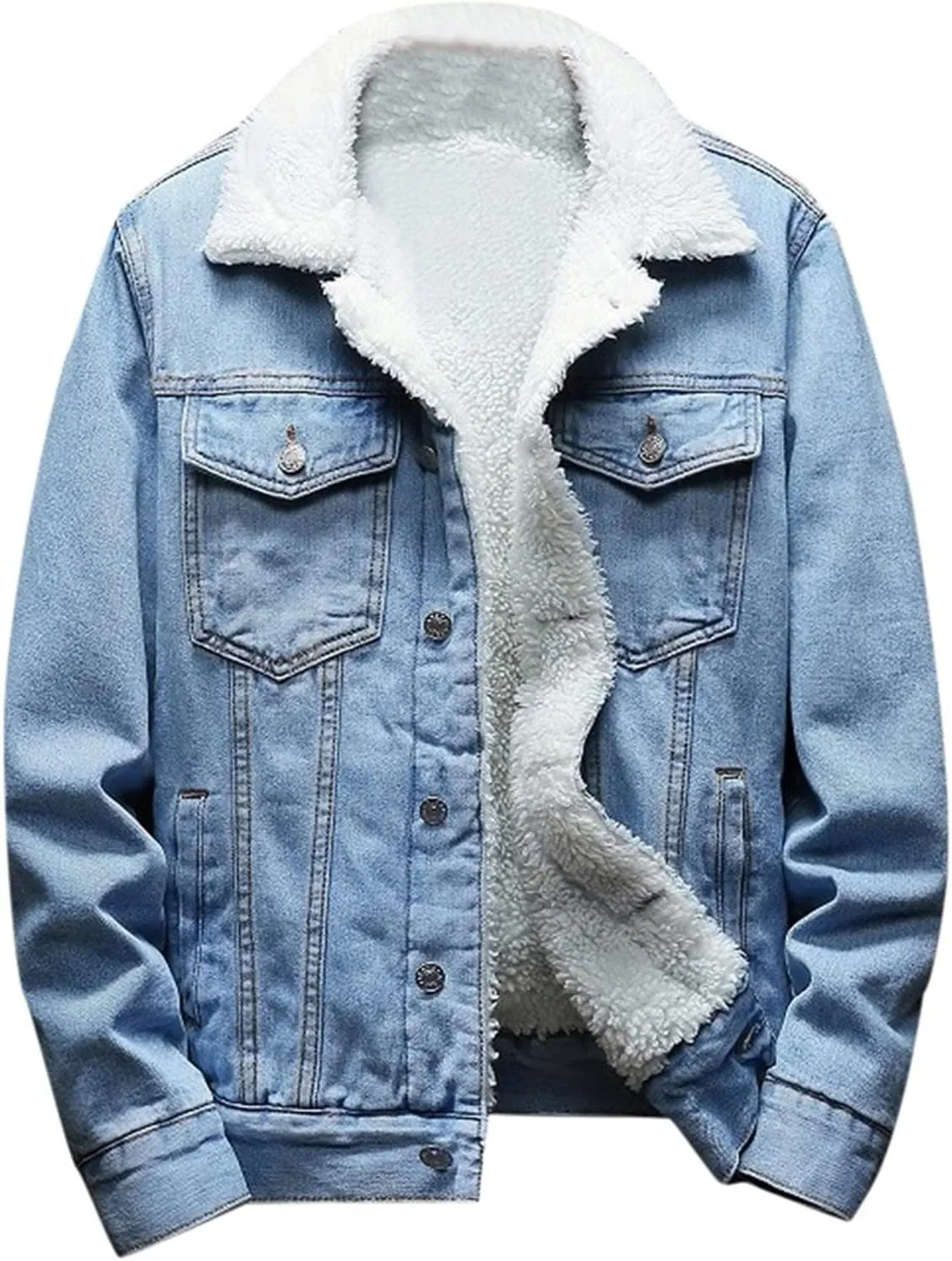 hlysgo Men's Sherpa Fleece Lined Denim Jacket Warm Winter Trucker Jacket Cowboy Long Sleeve Button Down Jean Jacket Coats