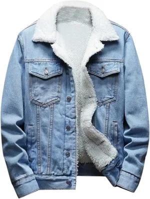 hlysgo Men's Sherpa Fleece Lined Denim Jacket Warm Winter Trucker Jacket Cowboy Long Sleeve Button Down Jean Jacket Coats