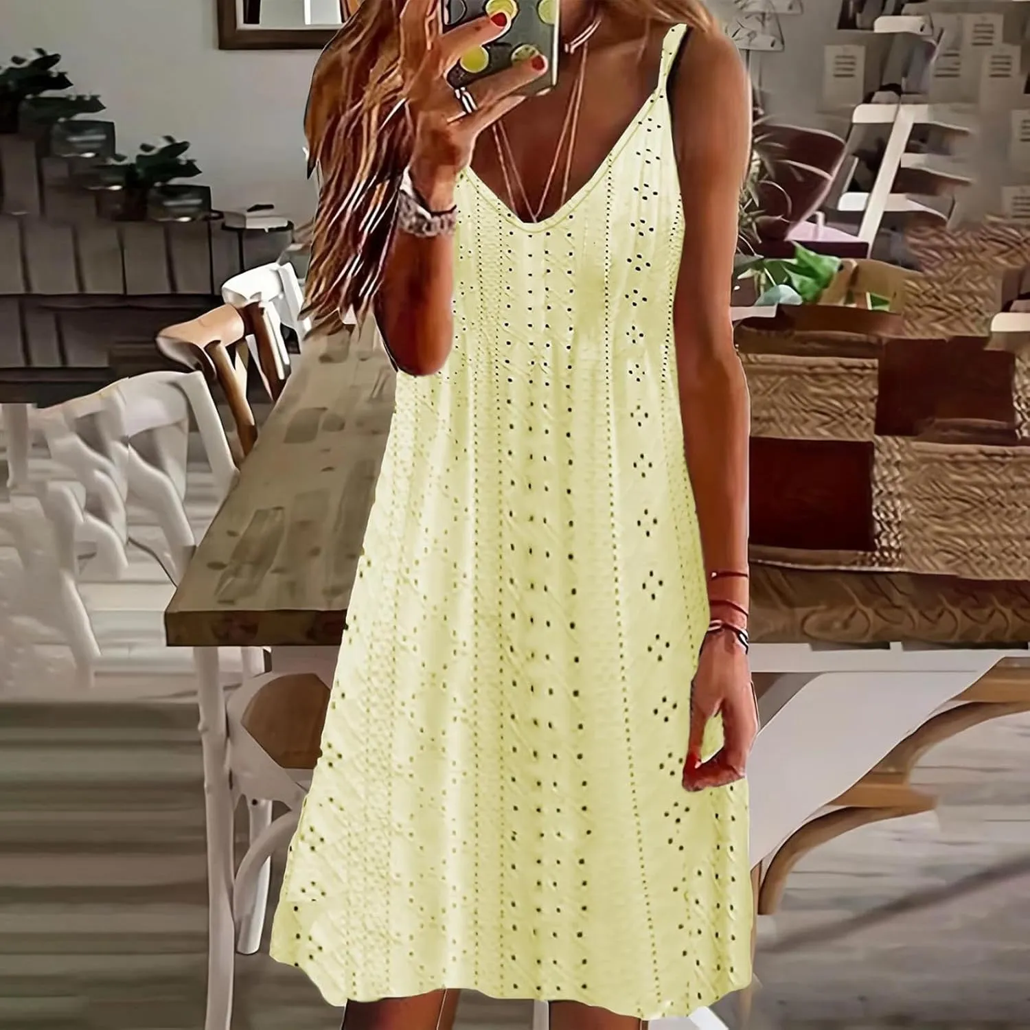 Hollow Out Midi Dresses for Women Summer Spaghetti Straps Sleeveless V-Neck Sundress Casual Loose Flowy Swing Beach Sundress