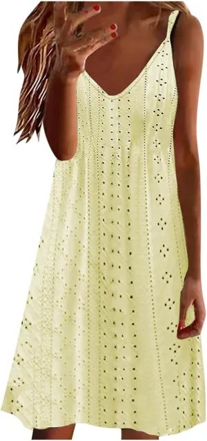 Hollow Out Midi Dresses for Women Summer Spaghetti Straps Sleeveless V-Neck Sundress Casual Loose Flowy Swing Beach Sundress