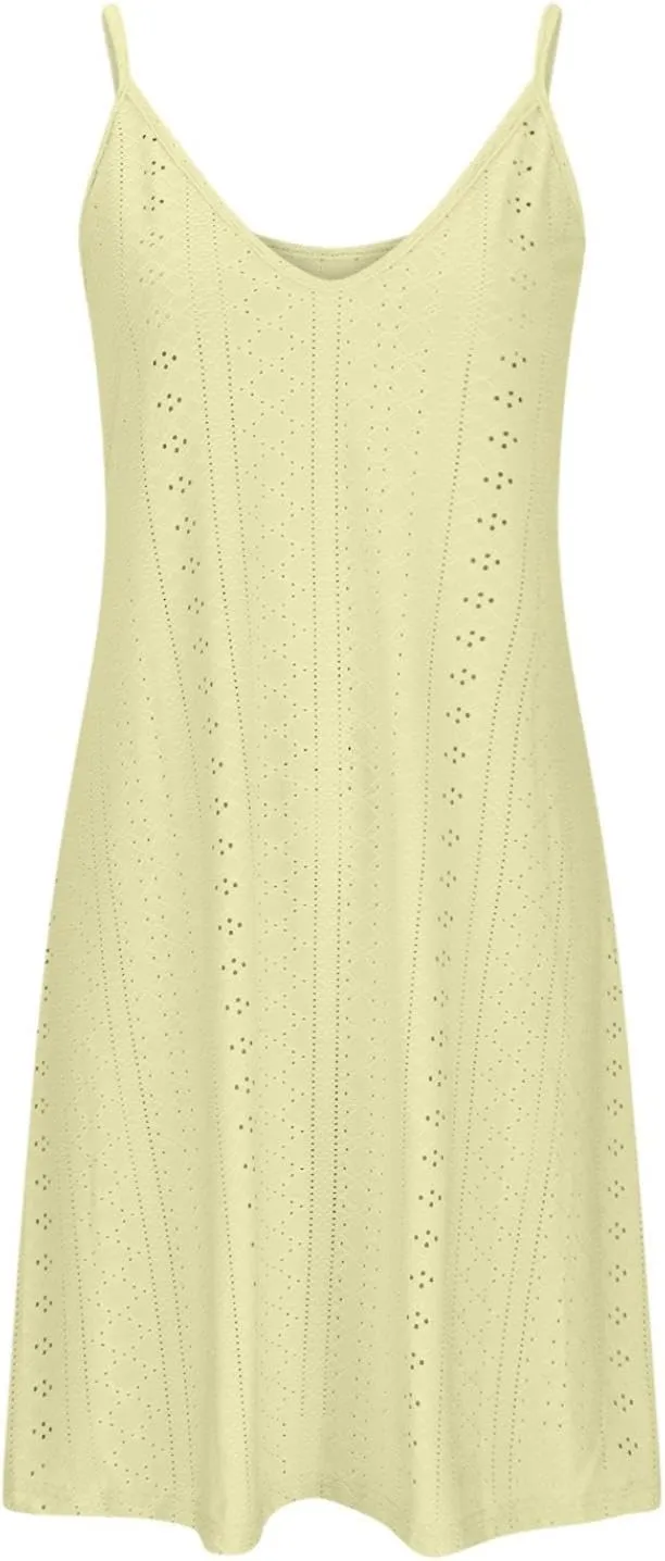 Hollow Out Midi Dresses for Women Summer Spaghetti Straps Sleeveless V-Neck Sundress Casual Loose Flowy Swing Beach Sundress