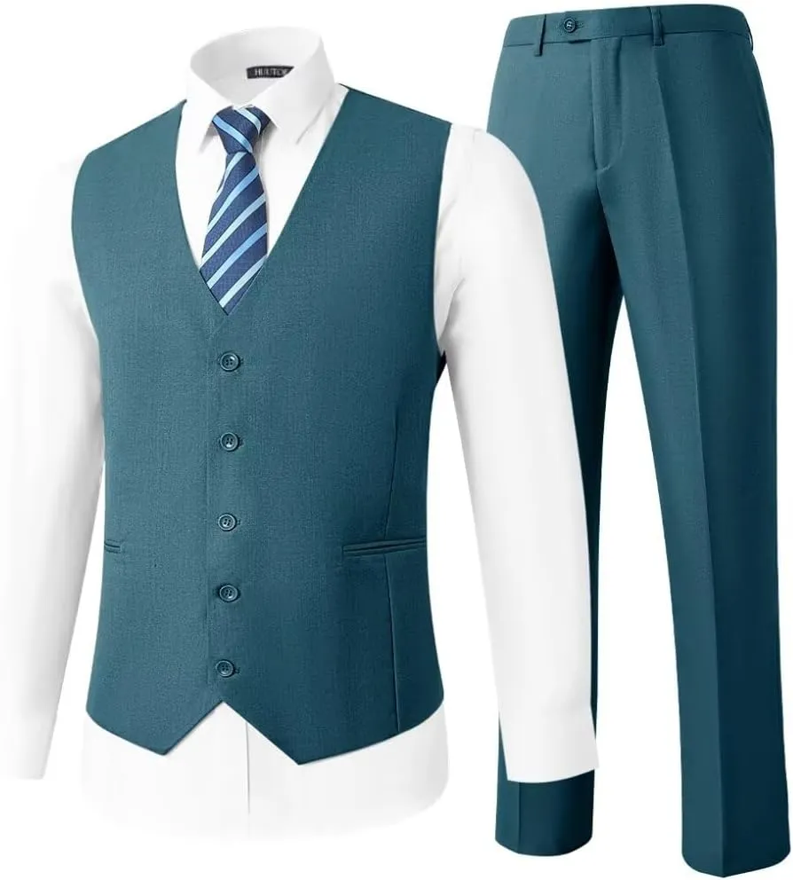 HUUTOE Mens Vest and Pants Suit 2 Piece Slim Fit Suits for Wedding Grooms Dress Waistcoat Pants Casual Prom Tuxedo Set
