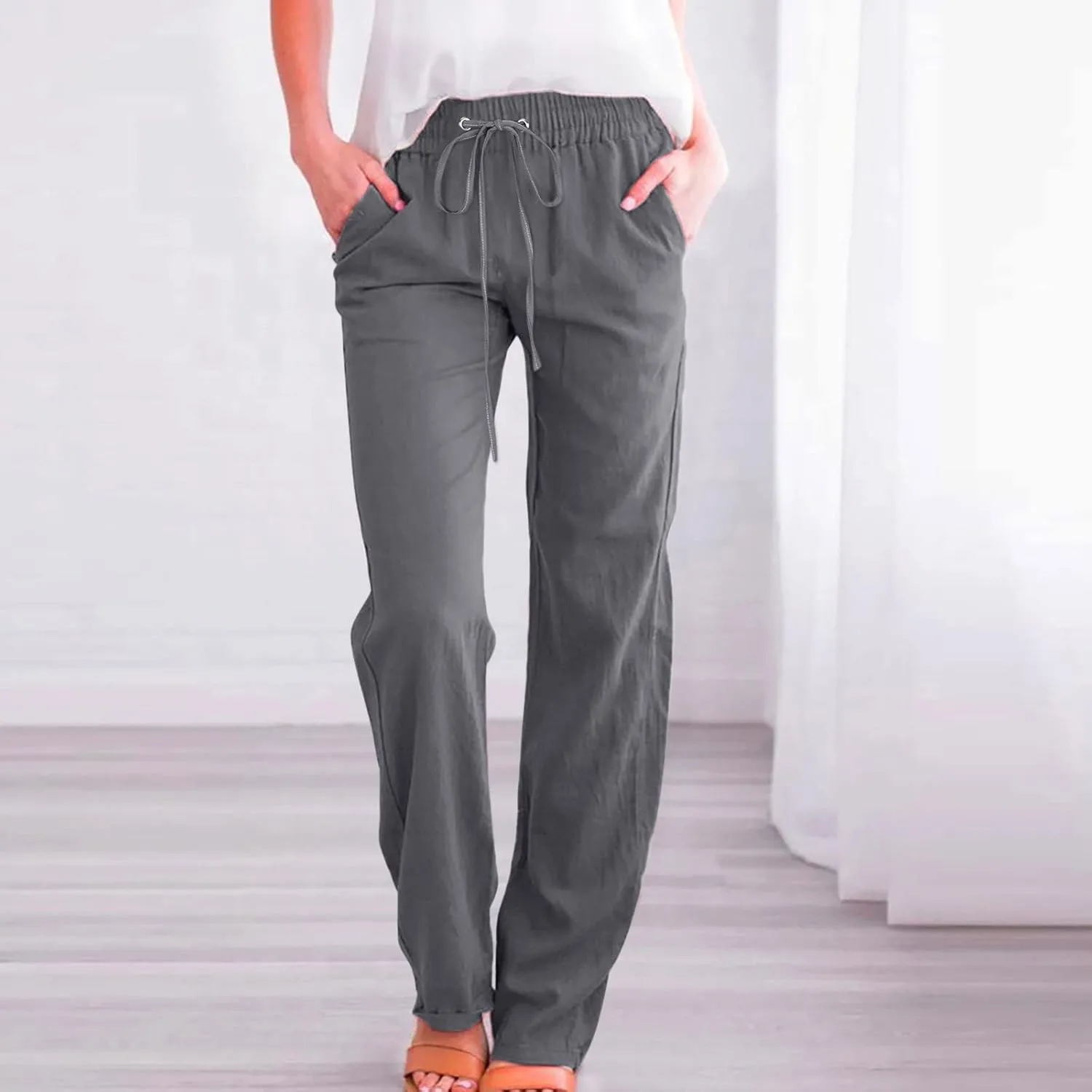 Hvyesh Womens Casual Cotton Linen Pants Lightweight Summer Relax Fit Elastic Waist Straight Leg Solid Lounge Long Trousers