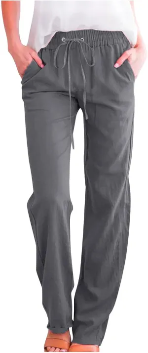 Hvyesh Womens Casual Cotton Linen Pants Lightweight Summer Relax Fit Elastic Waist Straight Leg Solid Lounge Long Trousers
