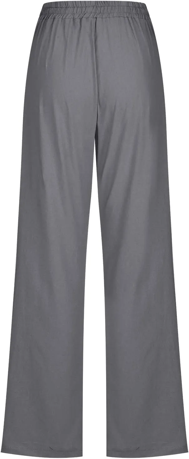 Hvyesh Womens Casual Cotton Linen Pants Lightweight Summer Relax Fit Elastic Waist Straight Leg Solid Lounge Long Trousers