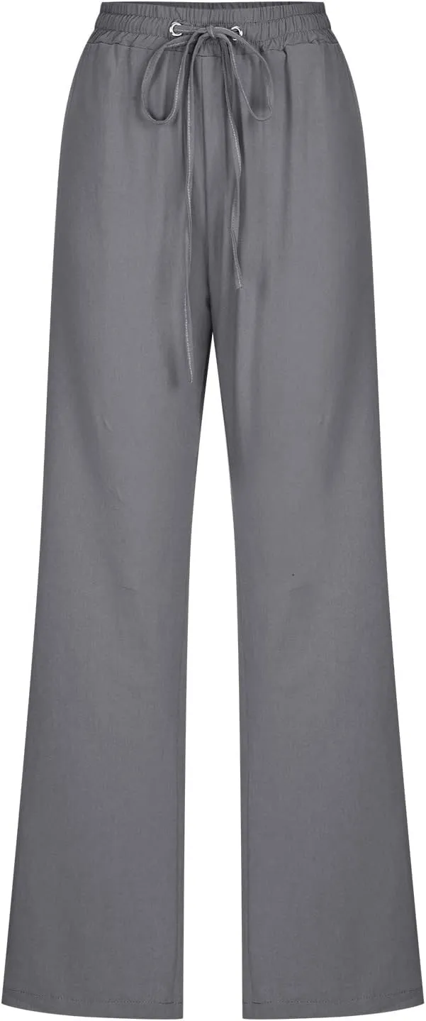 Hvyesh Womens Casual Cotton Linen Pants Lightweight Summer Relax Fit Elastic Waist Straight Leg Solid Lounge Long Trousers