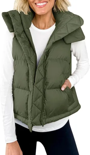 Imily Bela Womens Quilted Puffer Vest Hooded Winter Casual Stand Collar Gilet With Pockets